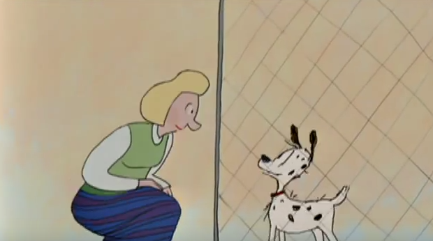 Screen shot of shelter dog with adopter; cartoon