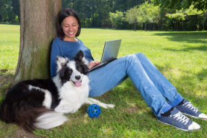 Young woman working on her laptop in the park and her dog waiting to play with a ball